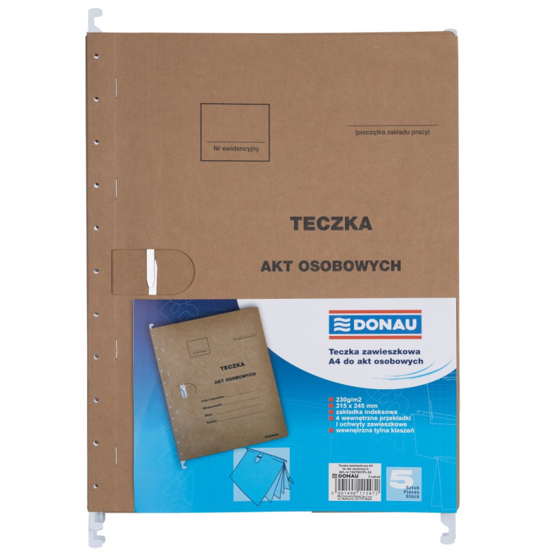 Teczka zawieszkowa DONAU na akta osobowe, wersja od 2023r., karton, A4, 230gsm, brązowa