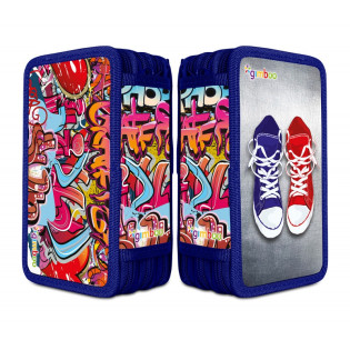 Piórnik szkolny GIMBOO, z wyposażeniem, 3 komory, graffiti, niebieski