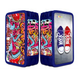 Piórnik szkolny GIMBOO, z wyposażeniem, 3 komory, graffiti, niebieski