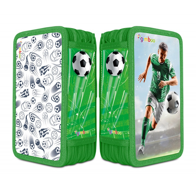 Piórnik szkolny GIMBOO, z wyposażeniem, 3 komory, piłka nożna, zielony
