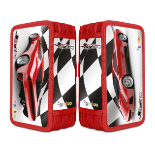 Piórnik szkolny GIMBOO, z wyposażeniem, 3 komory, wyścigi, czerwony