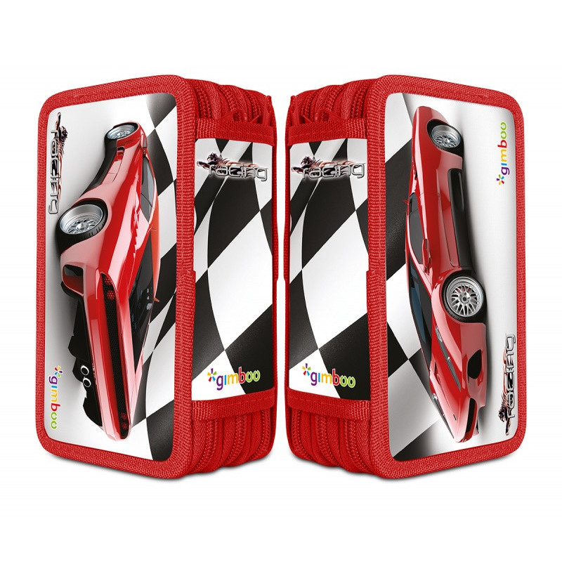 Piórnik szkolny GIMBOO, z wyposażeniem, 3 komory, wyścigi, czerwony