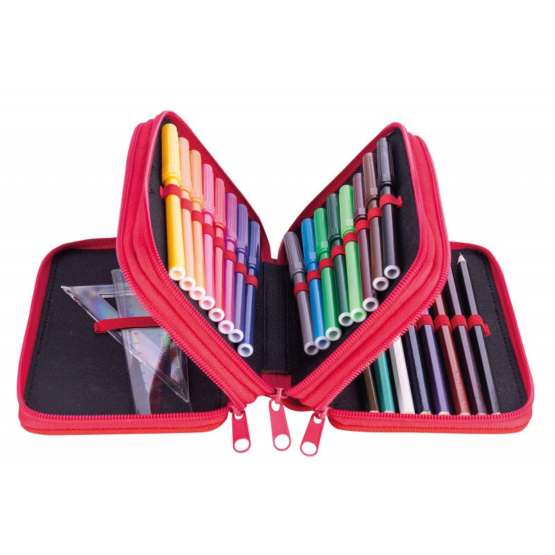 Piórnik szkolny GIMBOO, z wyposażeniem, 3 komory, wyścigi, czerwony