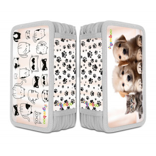 Piórnik szkolny GIMBOO, z wyposażeniem, 3 komory, szczenięta, beżowy