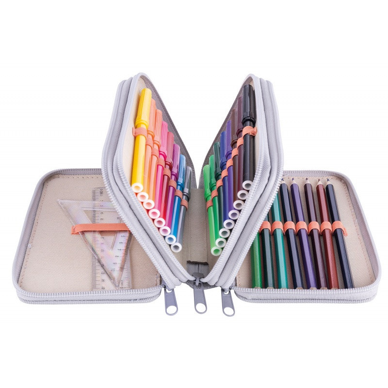 Piórnik szkolny GIMBOO, z wyposażeniem, 3 komory, szczenięta, beżowy