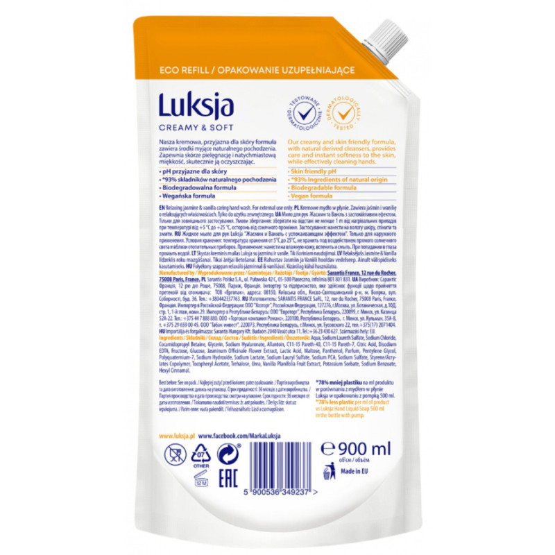 Kremowe mydło w płynie LUKSJA, jaśmin, zapas 900ml