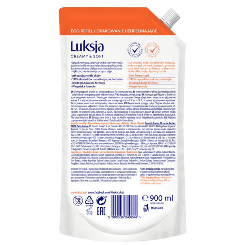 Kremowe mydło w płynie LUKSJA, brzoskwinia, zapas 900ml