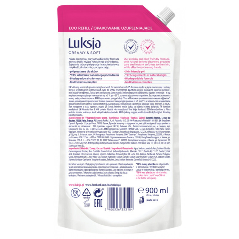Kremowe mydło w płynie LUKSJA, róża, zapas 900ml