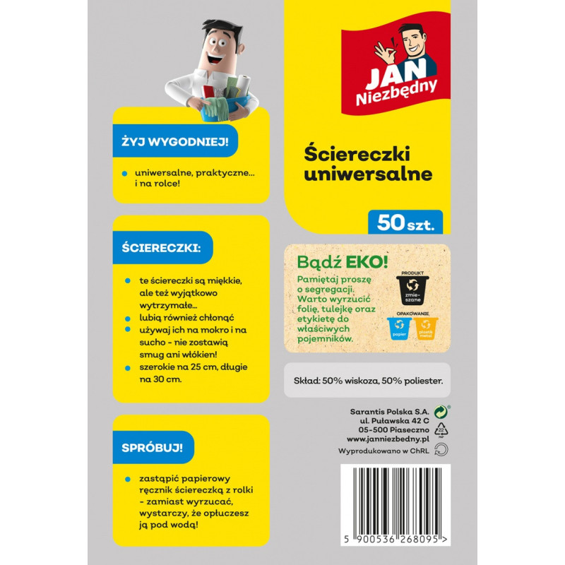 Ściereczki na rolce JAN NIEZBĘDNY, 50 szt., zielono-białe