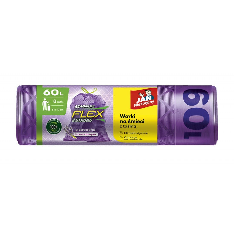 Worki na śmieci JAN NIEZBĘDNY, magnum flex, z taśmą, 60l, 8szt., lawendowe