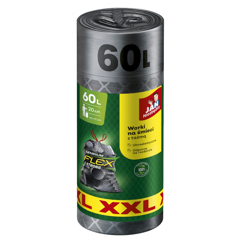 Worki na śmieci JAN NIEZBĘDNY, magnum flex, z taśmą, 60l, 20szt., szare
