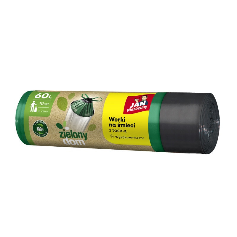 Worki na śmieci JAN NIEZBĘDNY, zielony dom, z taśmą, 60l, 10szt., czarno-zielone