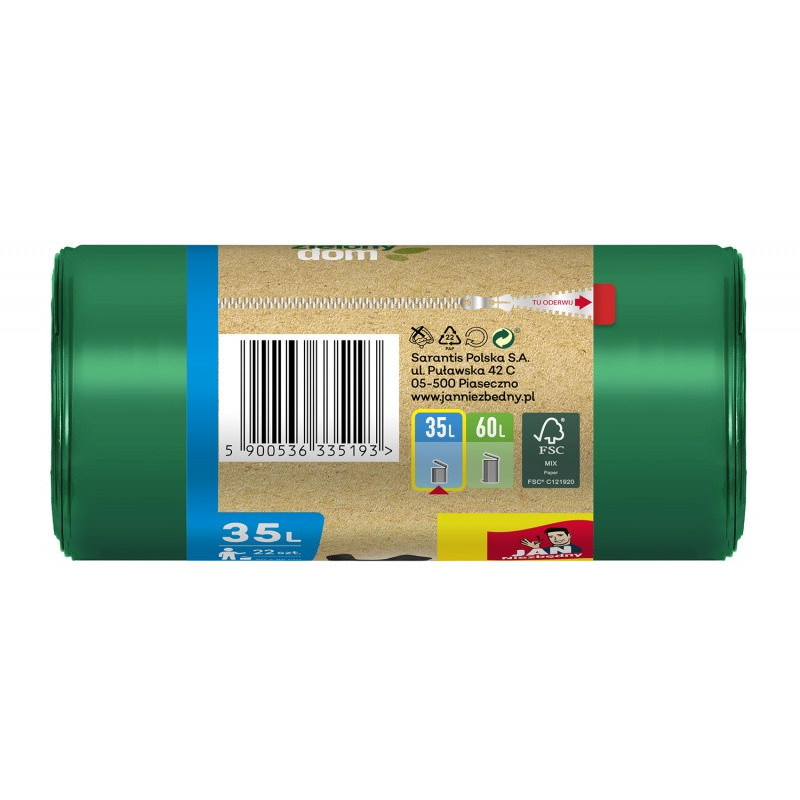 Worki na śmieci JAN NIEZBĘDNY, zielony dom, easy pack, 35l, 22szt., zielone