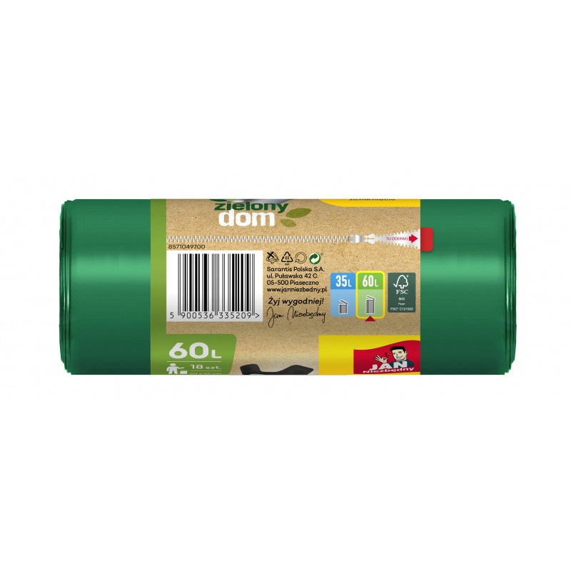 Worki na śmieci JAN NIEZBĘDNY, zielony dom, easy pack, 60l, 18szt., zielone