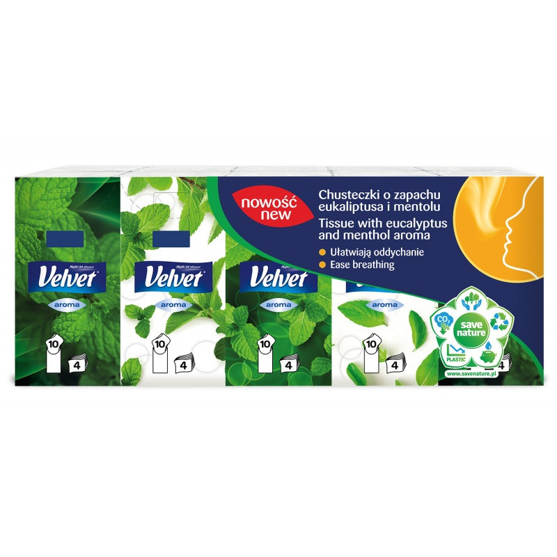 Chusteczki higieniczne VELVET, Eukaliptus i mentol, 4-warstwowe, 10x10szt., białe