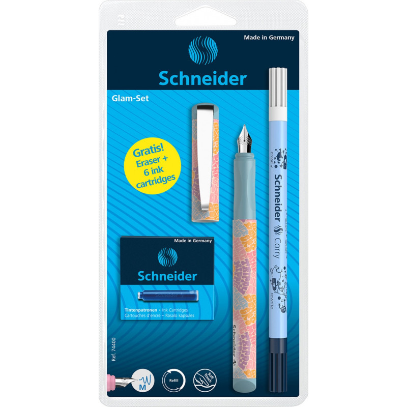 Pióro wieczne SCHNEIDER Glam, wymazywacz, naboje 6 szt., mix kolorów, blister
