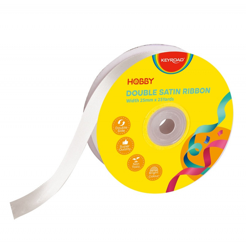 Wstążka KEYROAD, podwójna, satynowa, 25mm x 22,86m, na szpulce, biała
