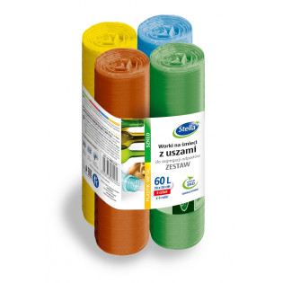 Worki z uszami STELLA, do segregacji odpadów, zestaw, 60l, 4x8 szt., mix