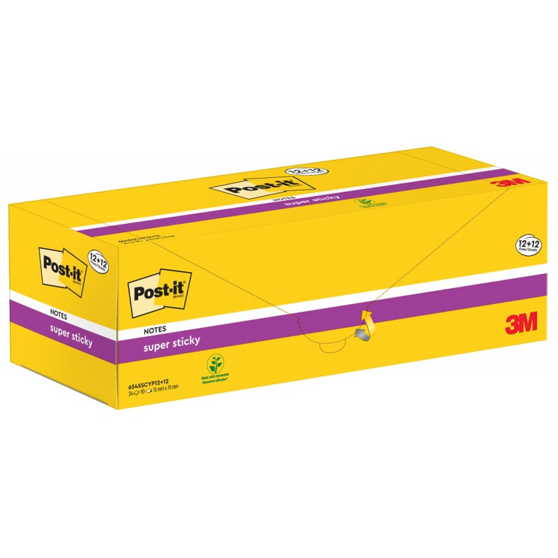 Karteczki samoprzylepne POST-IT Super Sticky, 76x76mm, 90 kart./bloczek, 12 + 12 bloczków GRATIS, kanarkowo żółte