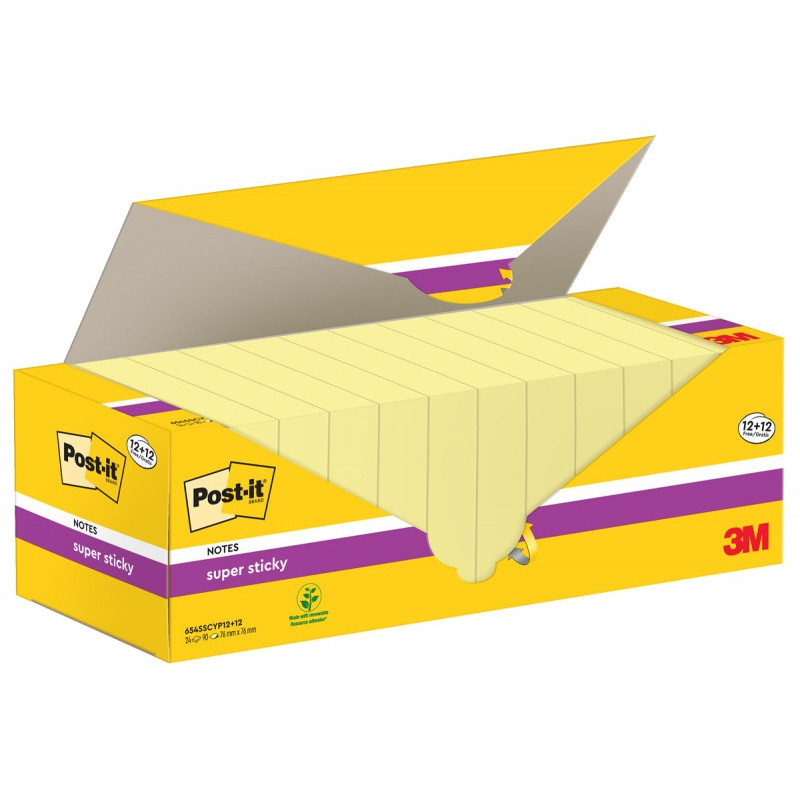 Karteczki samoprzylepne POST-IT Super Sticky, 76x76mm, 90 kart./bloczek, 12 + 12 bloczków GRATIS, kanarkowo żółte