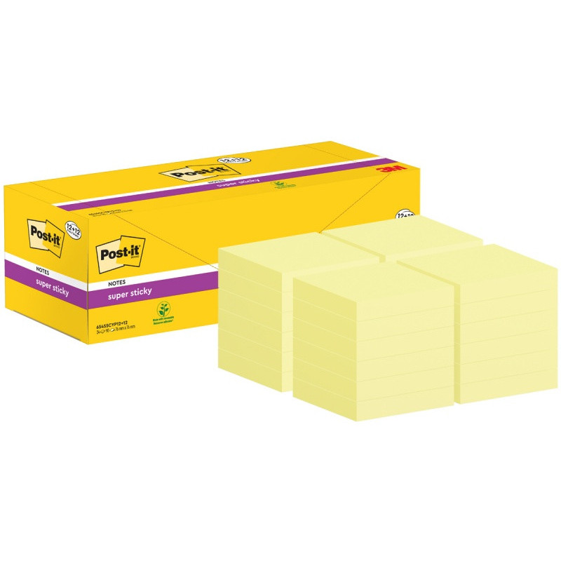 Karteczki samoprzylepne POST-IT Super Sticky, 76x76mm, 90 kart./bloczek, 12 + 12 bloczków GRATIS, kanarkowo żółte