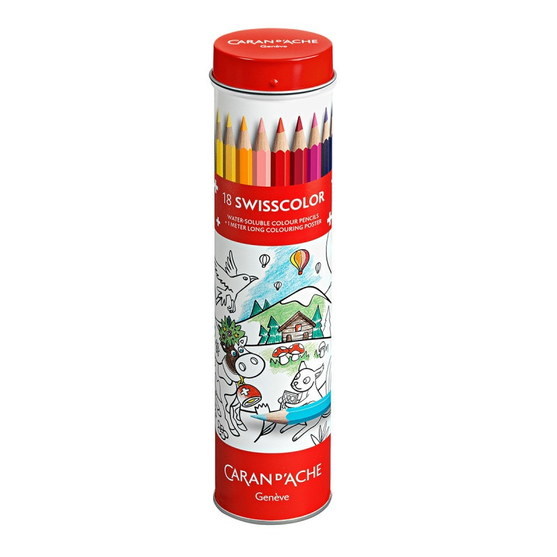 Kredki CARAN D'ACHE Swisscolor, w metalowej tubie, z kolorowanką, 18 szt., mix kolorów