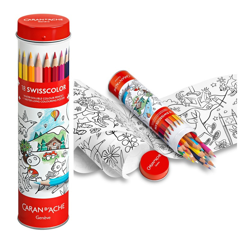Kredki CARAN D'ACHE Swisscolor, w metalowej tubie, z kolorowanką, 18 szt., mix kolorów