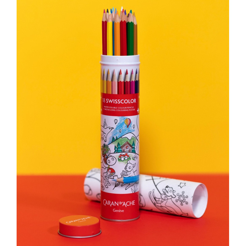 Kredki CARAN D'ACHE Swisscolor, w metalowej tubie, z kolorowanką, 18 szt., mix kolorów