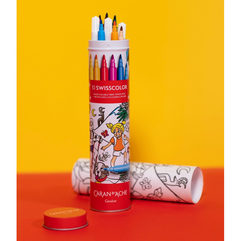 Flamastry akwarelowe CARAN D'ACHE Swisscolor, w metalowej tubie, z kolorowanką, 10 szt., mix kolorów