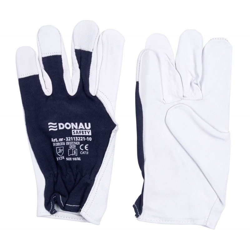 Rękawice robocze DONAU SAFETY DS-TECHGOAT, skóra kozia, ściągacz, rozm. 10/XL, biało-granatowe