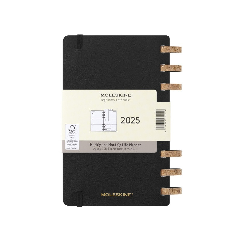 Kalendarz tygodniowy i miesięczny na spirali MOLESKINE 2025, 12M, L, miękka oprawa, 13x21cm, czarny