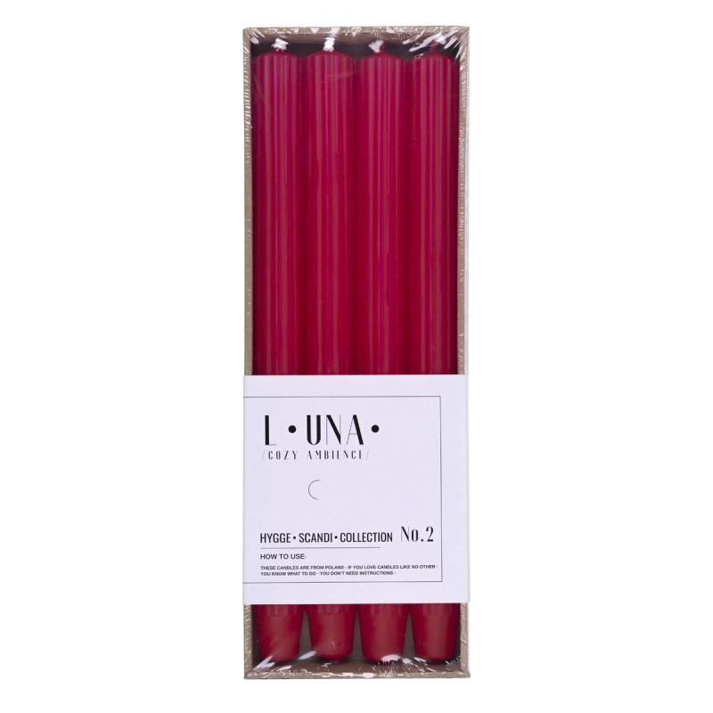 Świeca stołowa długa ryflowana DONAU HOME, 25x300 mm, 4 szt., czerwona