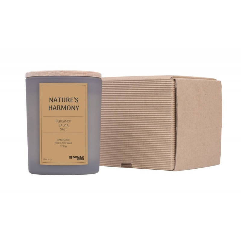 Świeca sojowa DONAU HOME, w szarym szkle, drewniana pokrywa i knot, Nature's Harmony, 200g