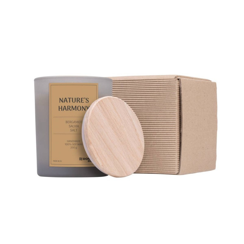 Świeca sojowa DONAU HOME, w szarym szkle, drewniana pokrywa i knot, Nature's Harmony, 200g