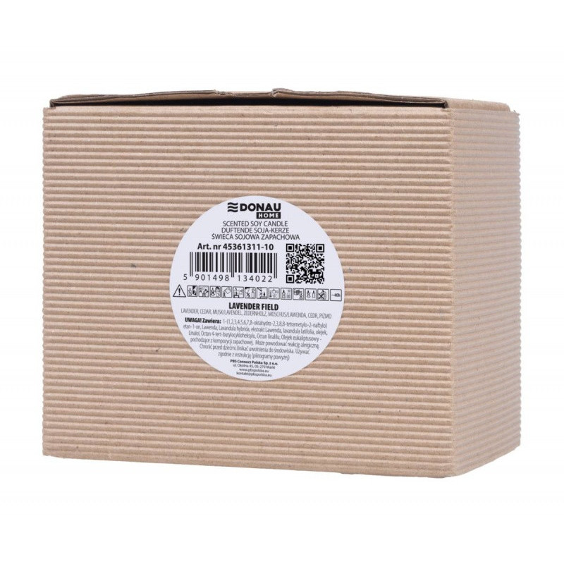 Świeca sojowa DONAU HOME, w szarym szkle, drewniana pokrywa i knot, Lavender Field, 200g