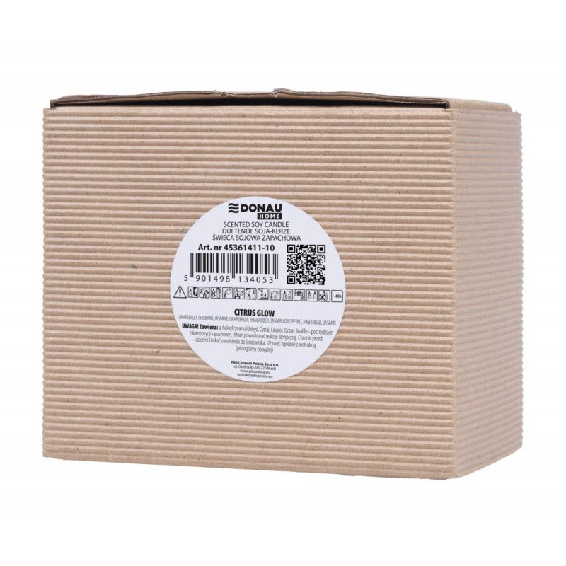 Świeca sojowa DONAU HOME, w szarym szkle, drewniana pokrywa i knot, Citrus Glow, 200g