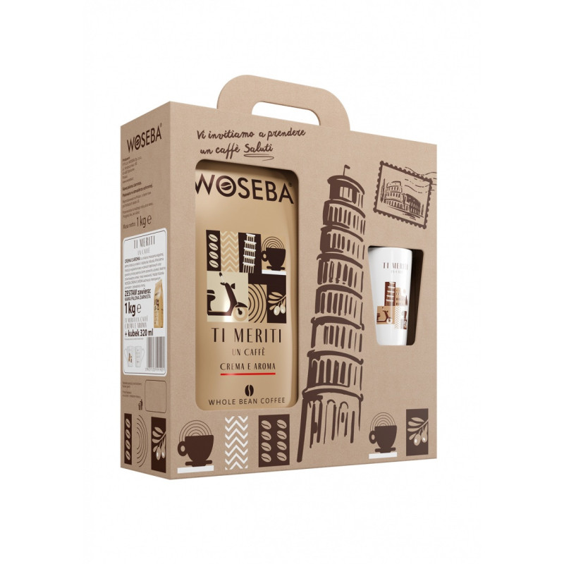 Zestaw kawa WOSEBA TI MERITI, CREMA E AROMA, ziarnista, 1000g + kubek 320ml
