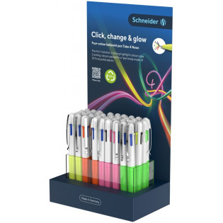 Display długopisów automatycznych SCHNEIDER TAKE 4 Neon, M, 4 kolory wkładu, 36 szt., mix kolorów