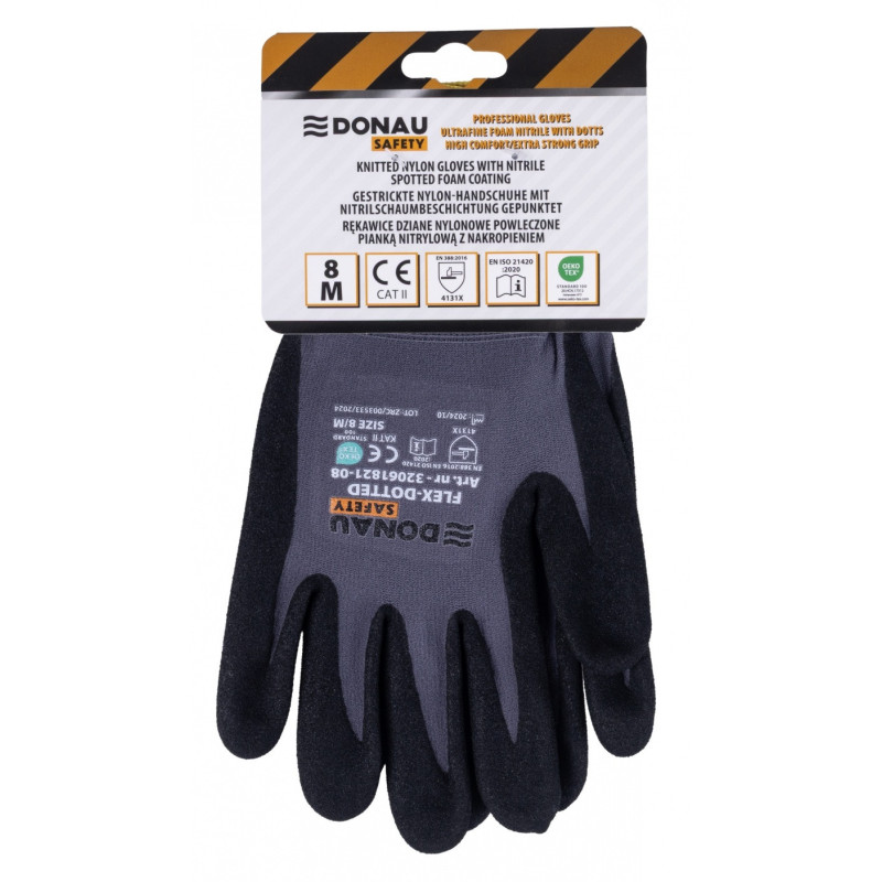 Rękawice DONAU SAFETY Flex-Dotted, kat. II, rozm. 8, szare