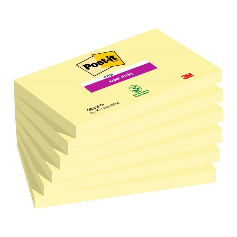 Karteczki samoprzylepne Post-it® Super Sticky (655-6SSCY-EU), 127x76mm, 6x90 kart., kanarkowy żółty