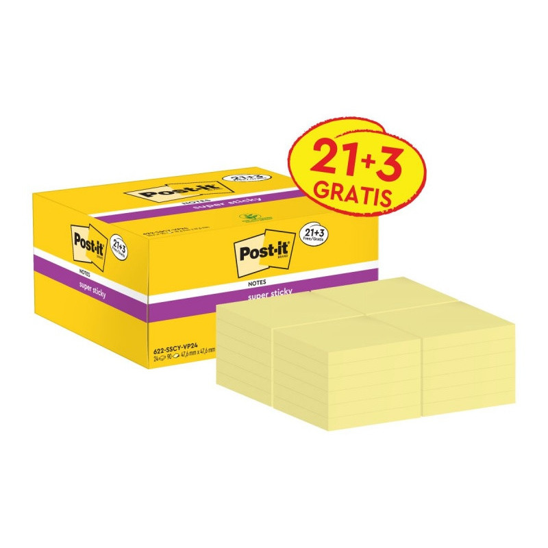 Karteczki samoprzylepne Post-it® Super Sticky (622-SSCY-24VP), 47,6x47,6mm, 21x90 kart.+3x90 kart. gratis, żółte