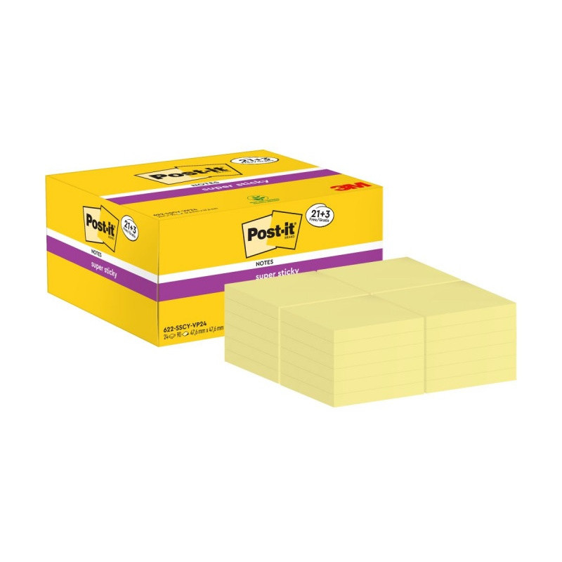 Karteczki samoprzylepne Post-it® Super Sticky (622-SSCY-24VP), 47,6x47,6mm, 21x90 kart.+3x90 kart. gratis, żółte