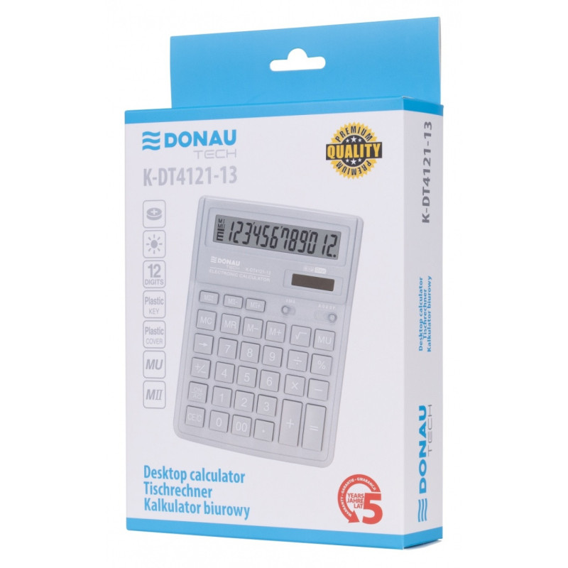 Kalkulator biurowy DONAU TECH, 12-cyfr. wyświetlacz, wym. 190x143x40 mm, jasny szary