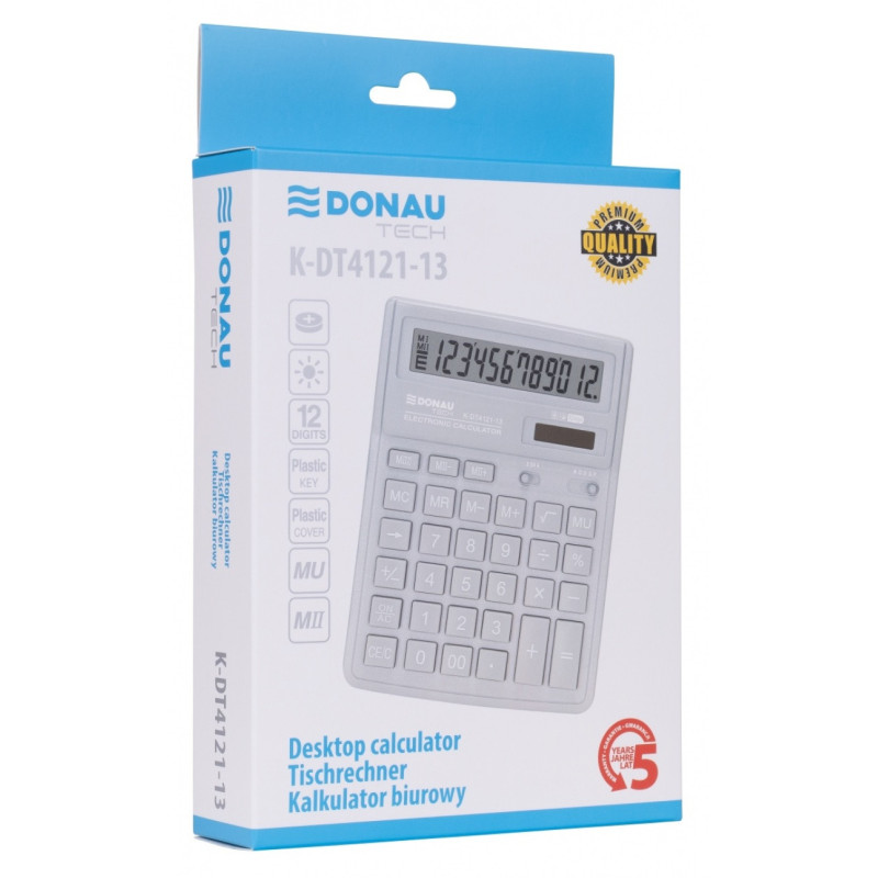Kalkulator biurowy DONAU TECH, 12-cyfr. wyświetlacz, wym. 190x143x40 mm, jasny szary