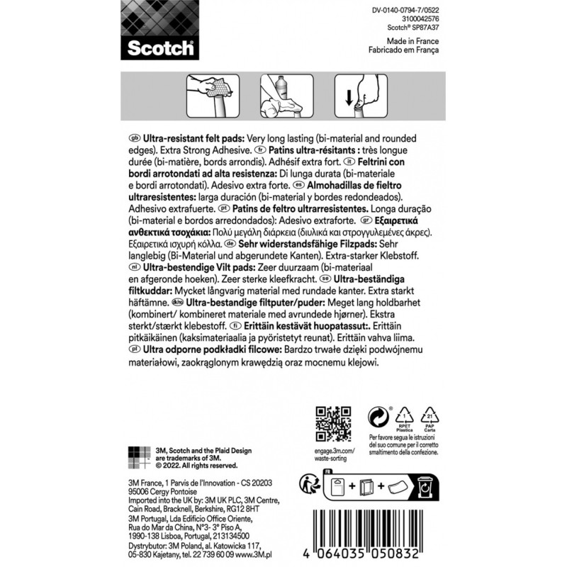Ultra odporne podkładki filcowe SCOTCH, kwadrat, 24x22mm, 12 szt., czarne