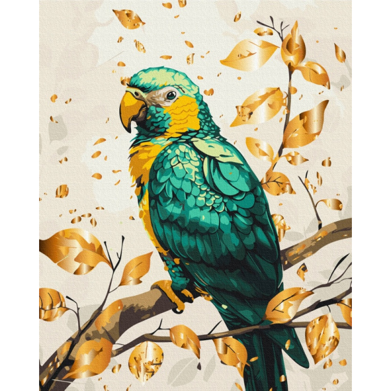 Malowanie po numerach BRUSHME, 40x50 cm, gold, szmaragdowa papuga, 1 szt., w pudełku