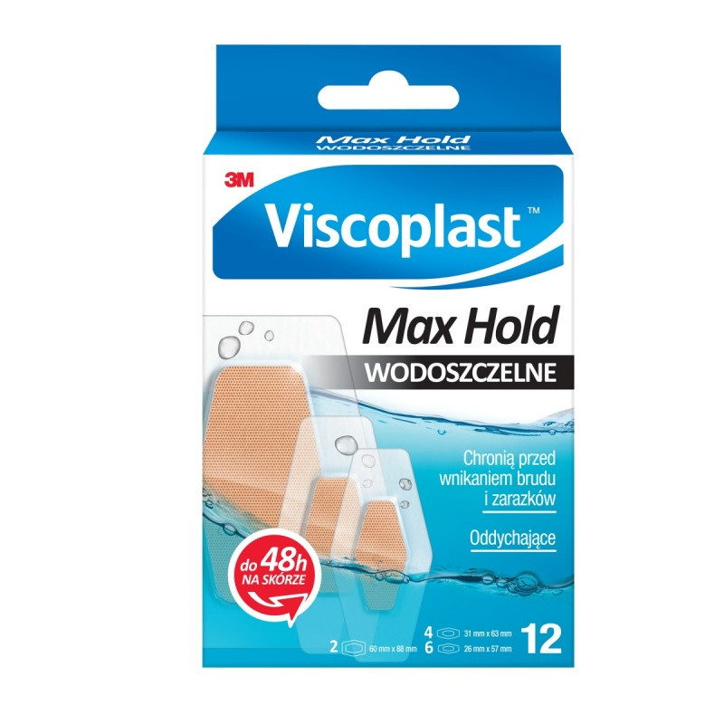 Plastry VISCOPLAST Max Hold, wodoszczelne, 3 rozmiary, pudełko, 12szt.