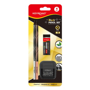 Zestaw szkolny KEYROAD Black Pencil Set, 2x czarny ołówek + gumka + temperówka, blister, czarny