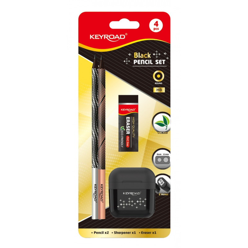 Zestaw szkolny KEYROAD Black Pencil Set, 2x czarny ołówek + gumka + temperówka, blister, czarny