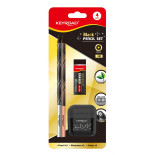 Zestaw szkolny KEYROAD Black Pencil Set, 2x czarny ołówek + gumka + temperówka, blister, czarny